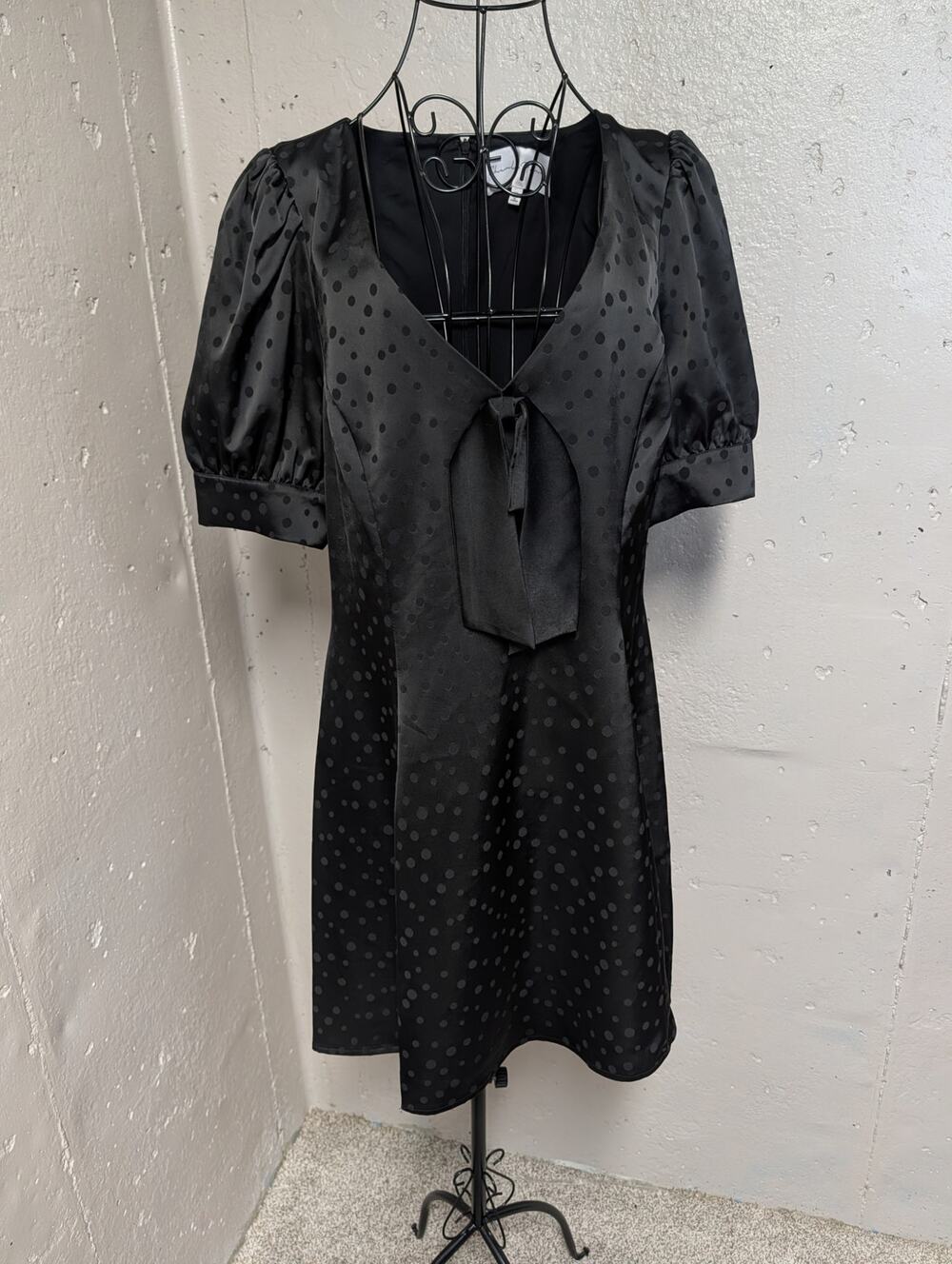 Charles Henry Black Satin Polka Dot Babydoll Bow Dress XL